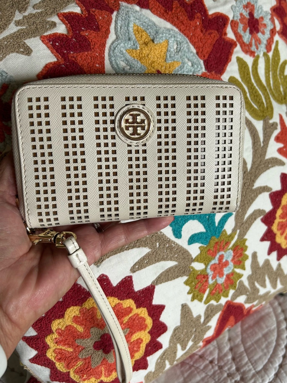 Tory Burch Cream Perforated Leather Wristlet